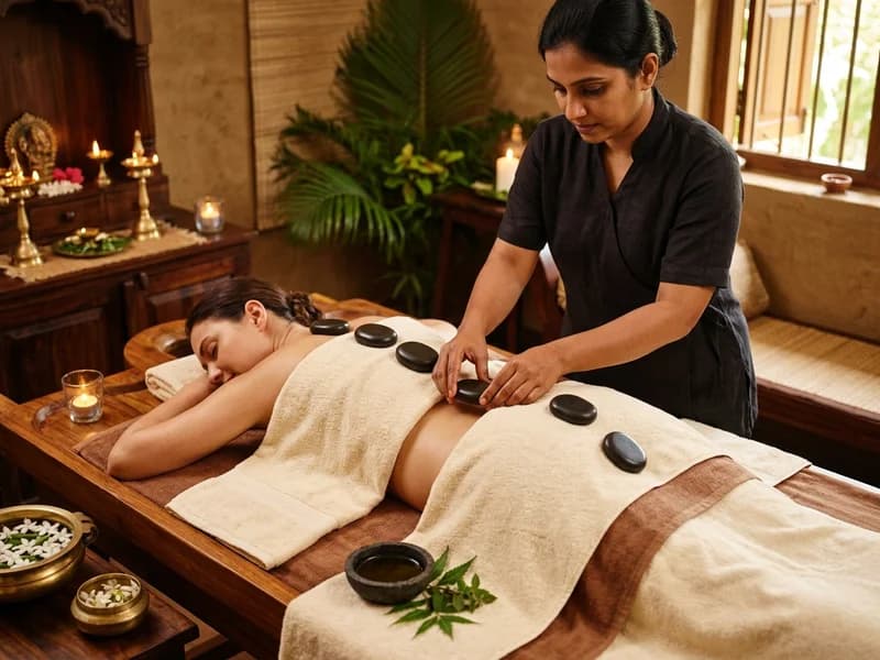 Hot stone massage with smooth heated basalt stones placed on the back